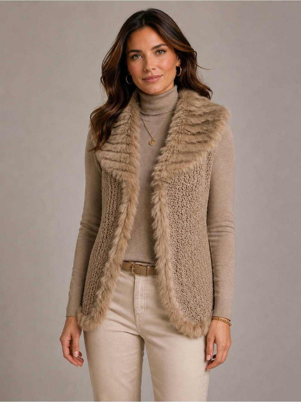 Chico’s Size 1 Faux Fur Trim Sweater Vest Taupe Open Front Knit Cardigan